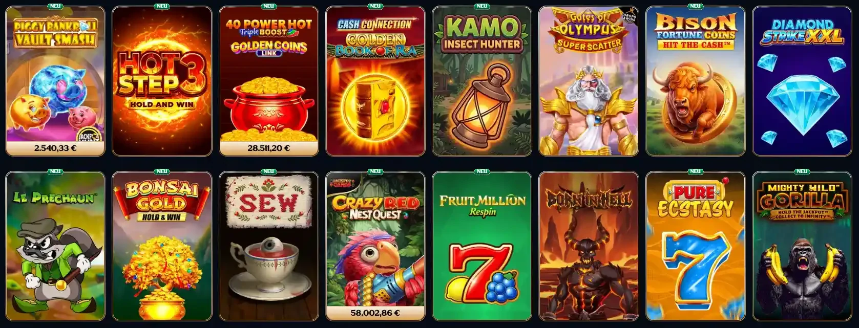 Auswahl beliebter Spielautomaten und neuer Slot-Spiele in der Millioner Casino Lobby Копіювати Alt-Text